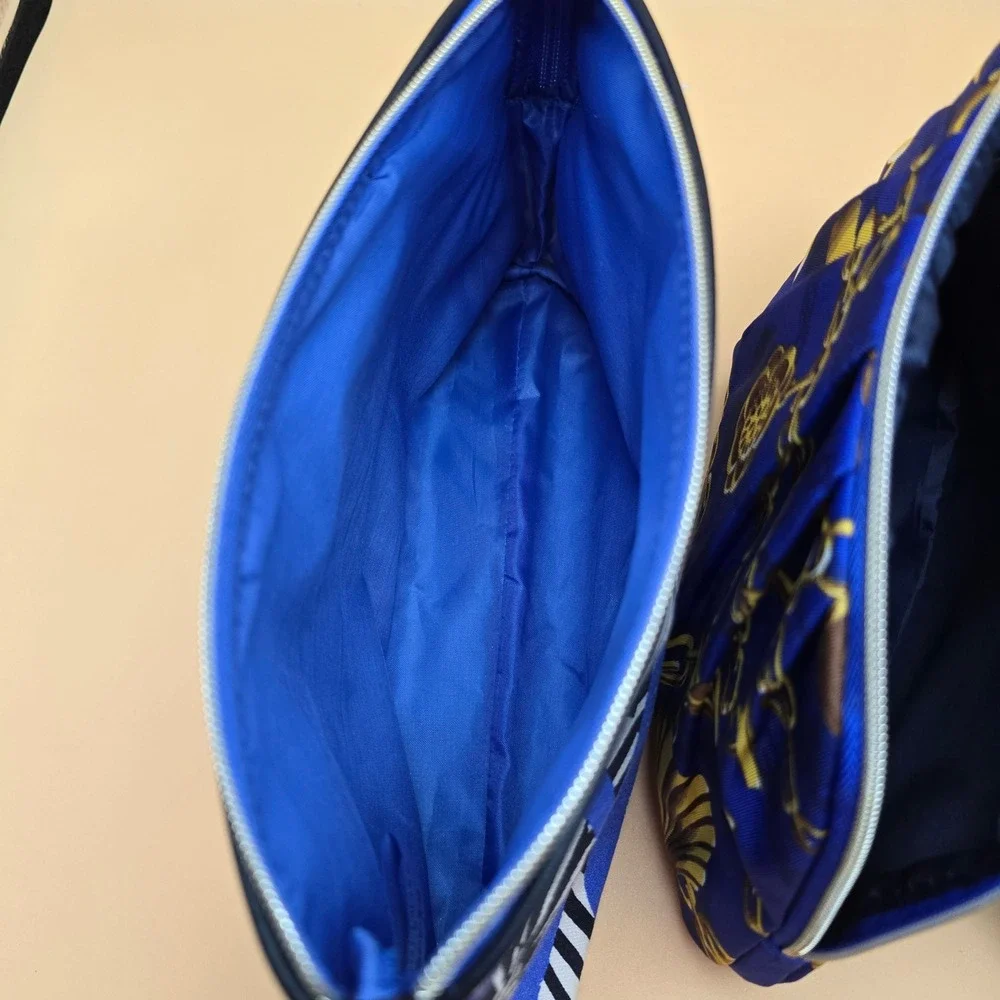 Estee Lauder Cosmetic Bag Set 3pc Blue Gold Chain Black Pleated Makeup‎ Pouches